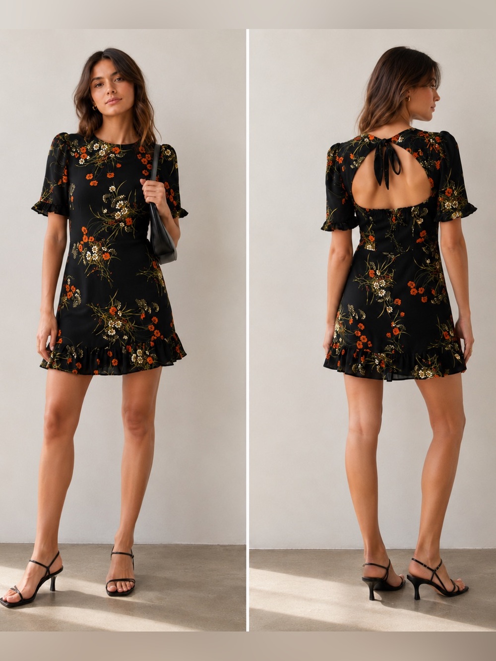 Reformation Alaina Mini Dress Size 0 Black‎ Floral Puff Sleeve Open Back